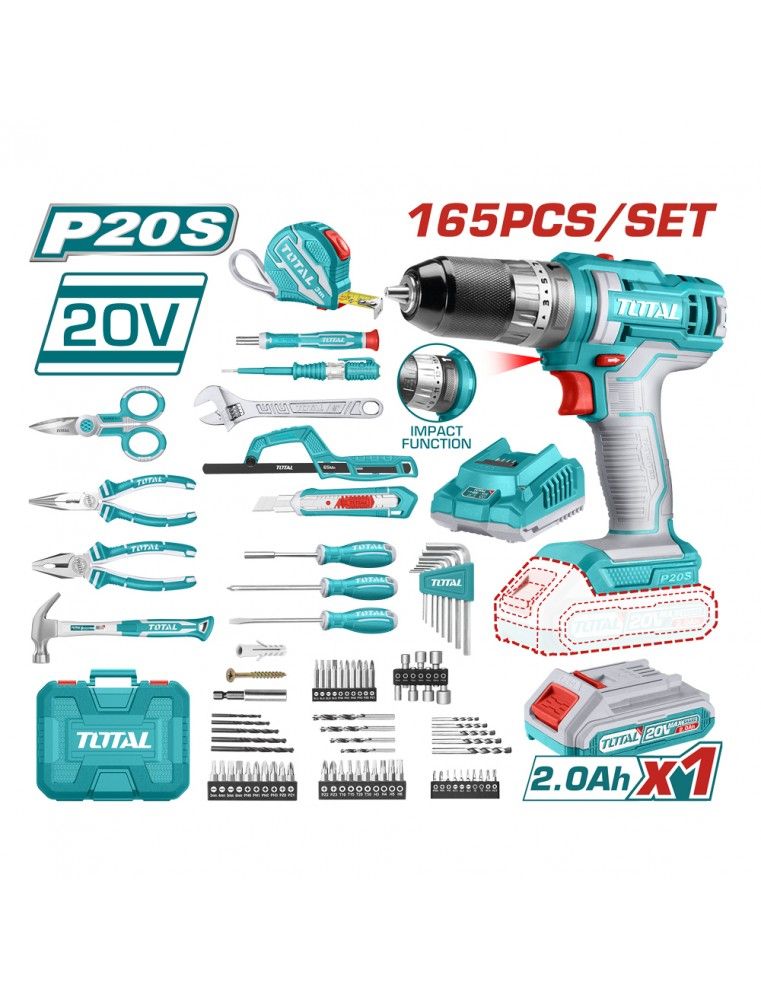 Pack visseuse-perceuse à percussion 20 V avec 165 accessoires TOTAL THKTHP11652