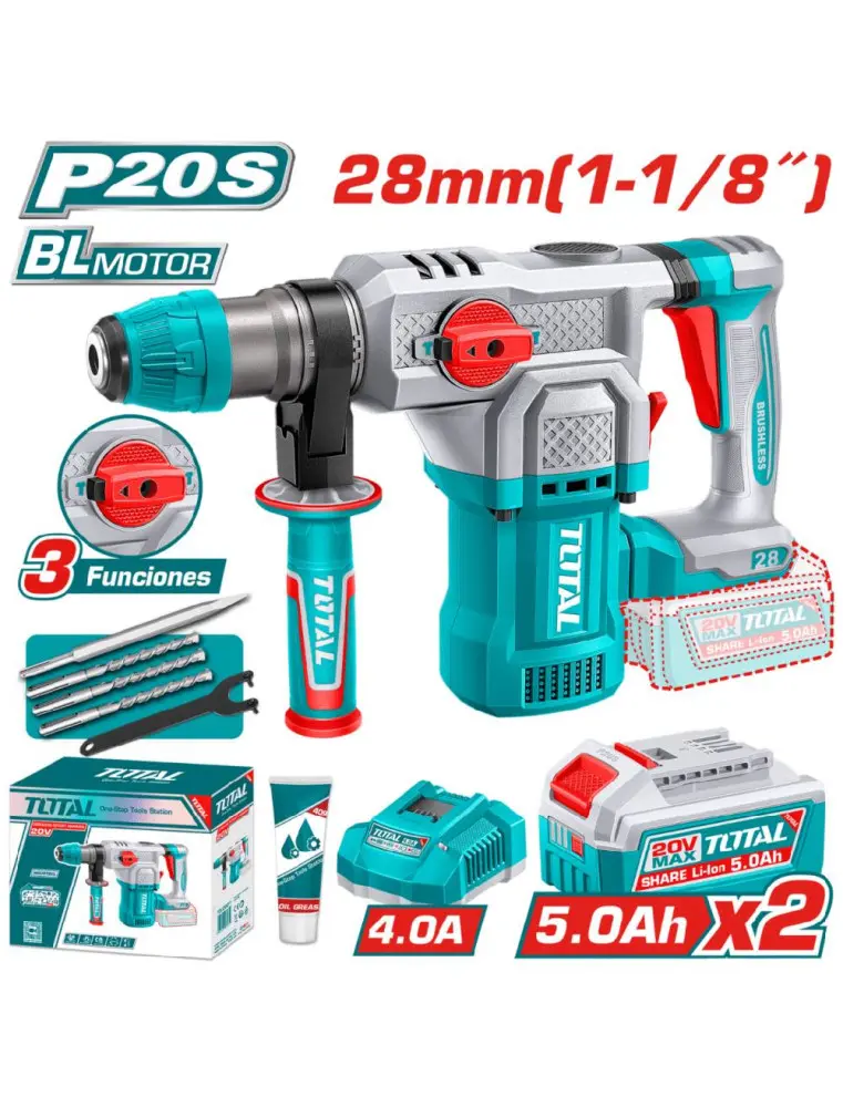 Marteau perforateur sans fil TOTAL TRHLI202862 – 20 V, Brushless, 4,5 J, 2 batteries 5,0 Ah