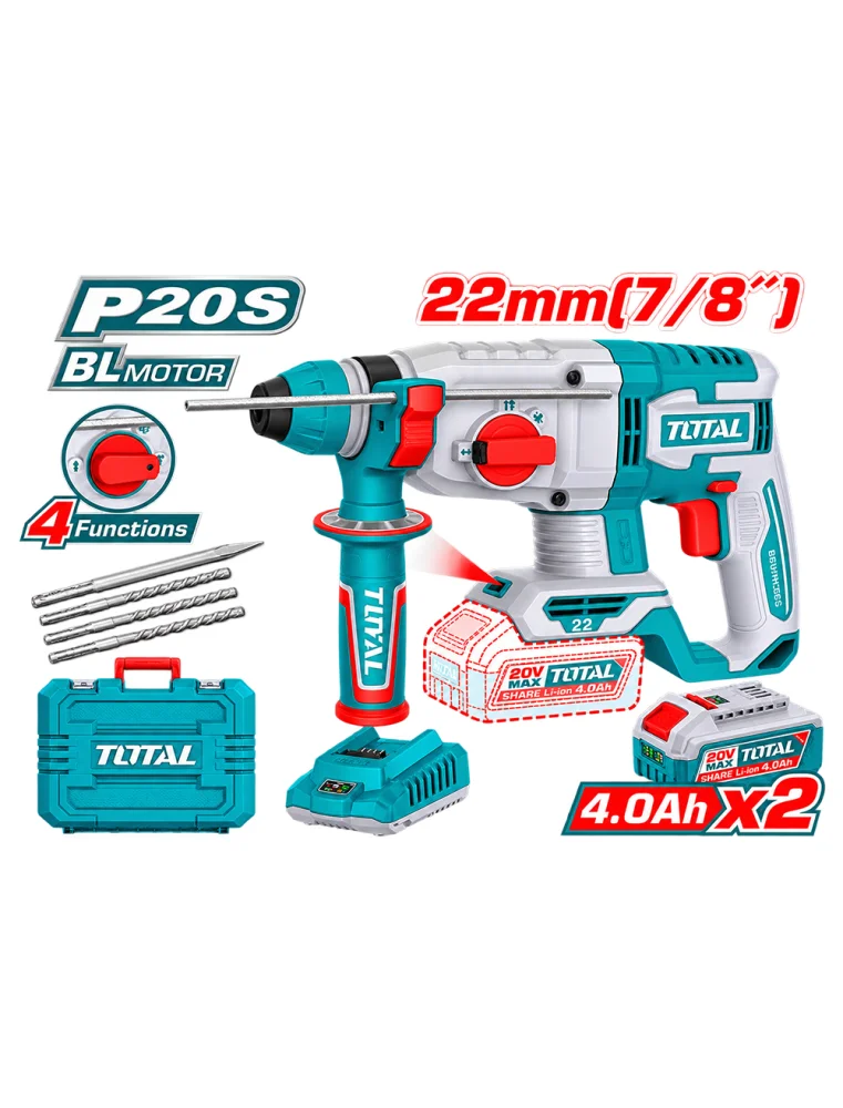 Perforateur sans fil Brushless 20V 22 mm TOTAL TRHLI212282