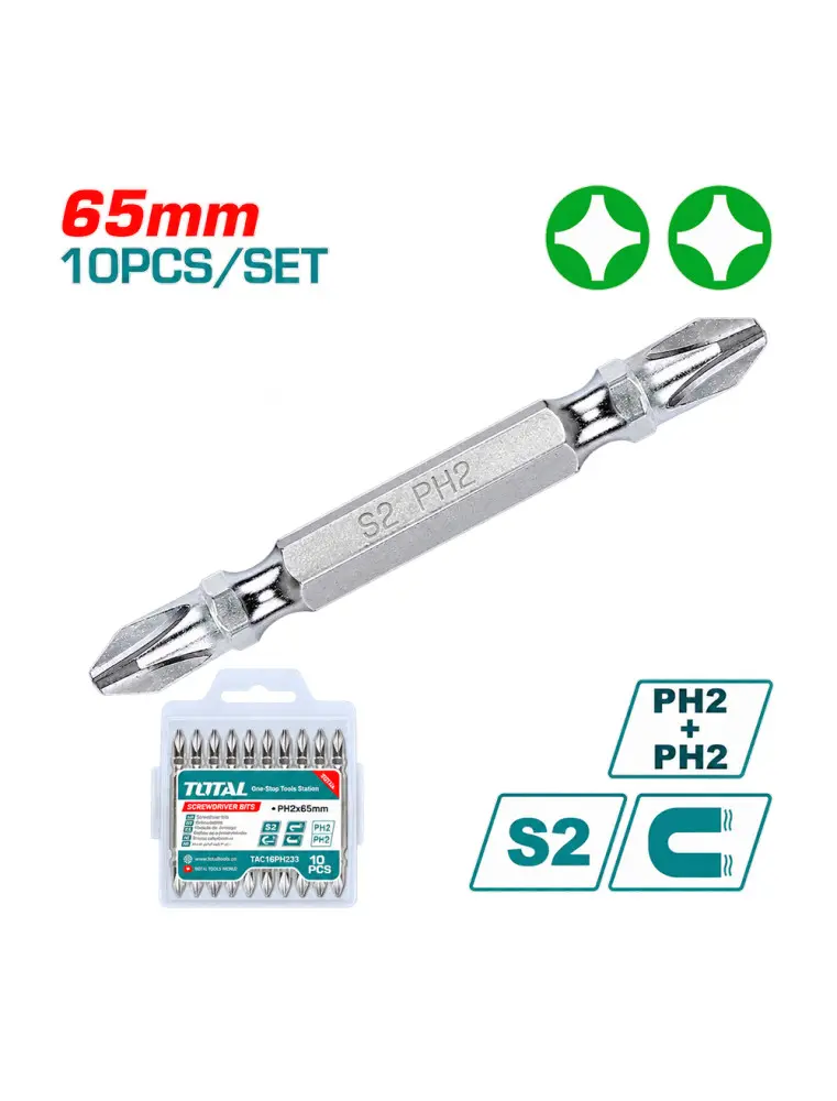 Jeu de 10 embouts à choc PH2 doubles 65 mm TOTAL TACIM16PH233