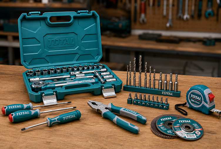 Accessoires et outils à main TOTAL en Tunisie avec coffret, tournevis, pince, forets et disques
