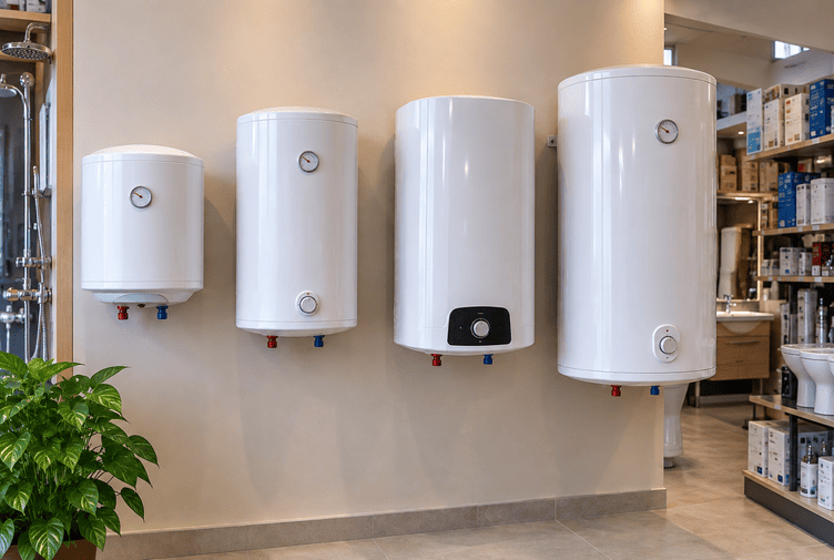 Chauffe-eau électriques 30 L, 50 L, 80 L et 100 L exposés en showroom en Tunisie