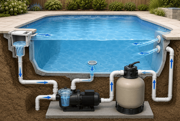 Circuit de filtration d’une piscine avec pompe filtre et buses de refoulement