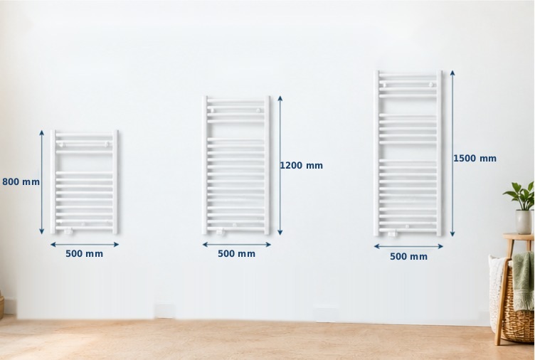 Comparaison des dimensions de trois sèche-serviettes blancs : 800, 1200 et 1500 mm de hauteur pour 500 mm de largeur