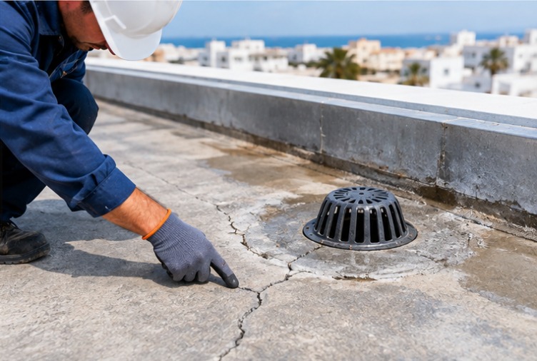Contrôle des fissures et évacuations d’eau avant réparation d’une infiltration sur toiture-terrasse