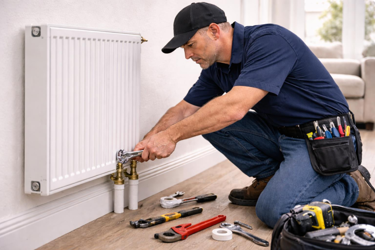 Plombier installant un robinet sur un radiateur de chauffage central