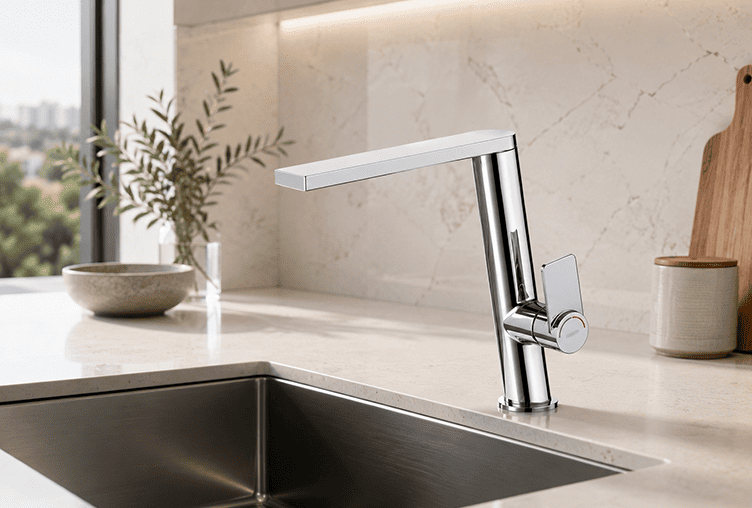 Mitigeur de cuisine SOPAL chromé au design moderne installé au-dessus d’un évier en Tunisie