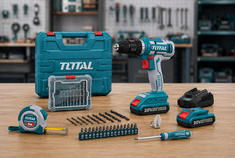 Perceuse visseuse TOTAL en Tunisie avec coffret, batterie et accessoires