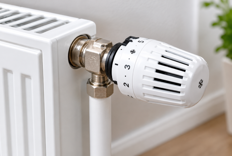 Gros plan sur une tête thermostatique blanche installée sur un radiateur de chauffage central